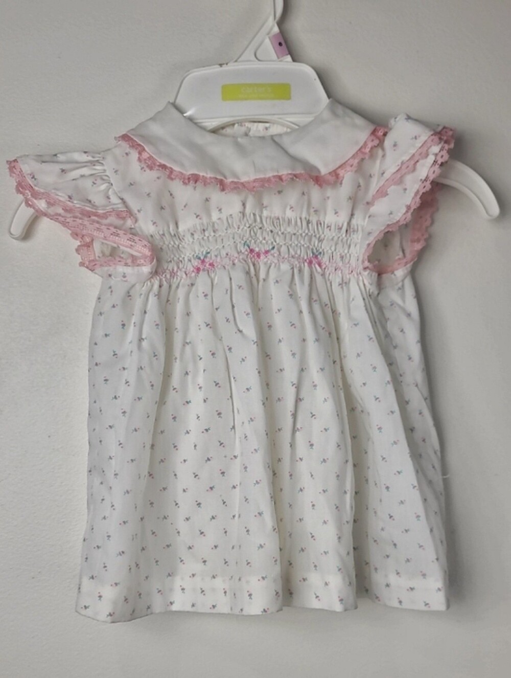 Vtg Polly Flinders White Rose Print Smocked Pink Lace Trim Heritage Dress 12M